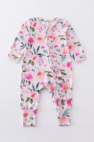 Pink floral print bamboo zipper baby romper