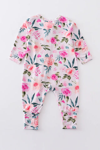 Pink floral print bamboo zipper baby romper