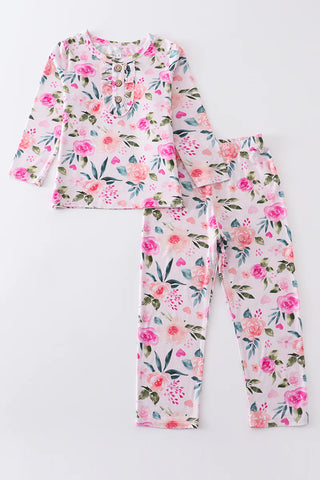 Pink floral print bamboo pajamas set