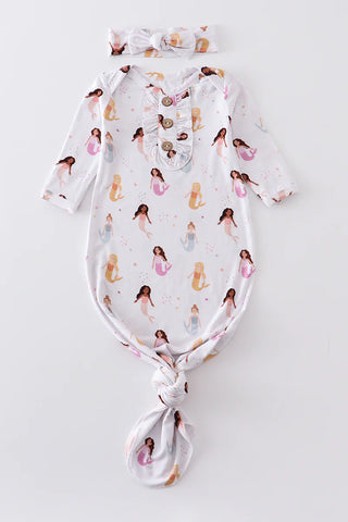 Mermaid print bamboo baby gown - 0-3M