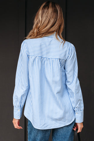 Sky Blue Stripe Shirred Detail Half Placket Collared Long Sleeve Fall Shirt