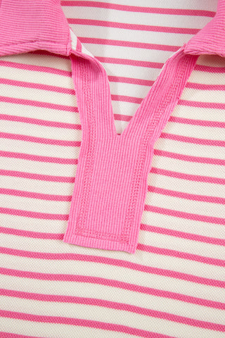 Pink Stripe Collared V Neck Drop Shoulder Pullover and Skort 2pcs Outfit