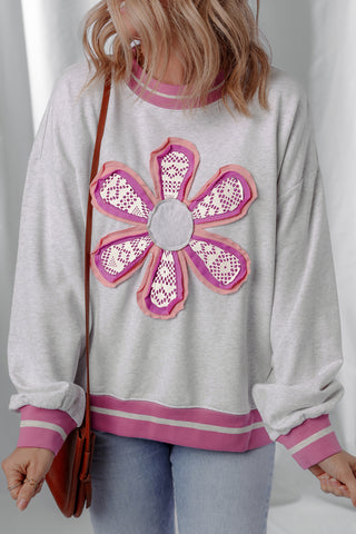 Gray Flower Patch Contrast Trim Crew Neck Sweatshirt