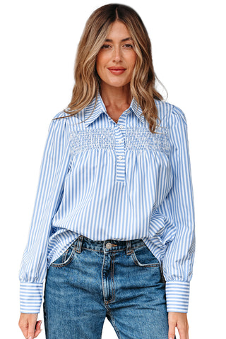 Sky Blue Stripe Shirred Detail Half Placket Collared Long Sleeve Fall Shirt