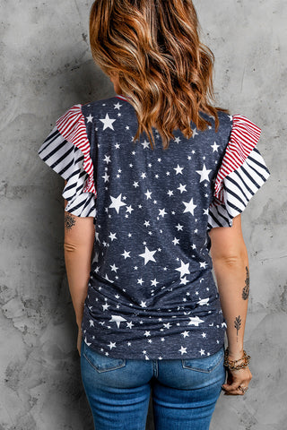 Gray Striped Ruffled Sleeve Star Print T Shirt
