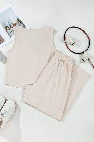 Apricot Buttoned V Neck Tank Top and Wide Leg Pants Casual Outfit