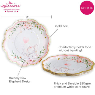 ELEPHANT BABY SHOWER 9 IN. PREMIUM PAPER PLATES - PINK (SET OF 16)