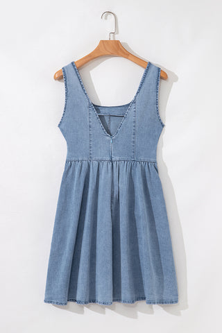 Myosotis Square Neck Bowknot A-line Sleeveless Denim Dress