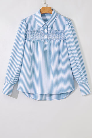 Sky Blue Stripe Shirred Detail Half Placket Collared Long Sleeve Fall Shirt