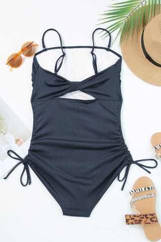 Navy Blue Ribbed Drawstring Sides Cutout One Piece Swimsuit