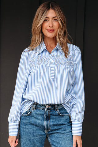 Sky Blue Stripe Shirred Detail Half Placket Collared Long Sleeve Fall Shirt