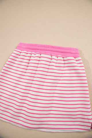Pink Stripe Collared V Neck Drop Shoulder Pullover and Skort 2pcs Outfit
