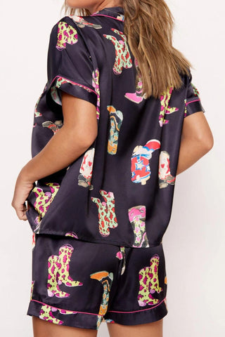 Printed Button Up Short Sleeve Top and Shorts Lounge Set