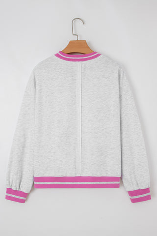 Gray Flower Patch Contrast Trim Crew Neck Sweatshirt