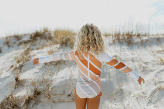 Lainey Beige Stripe Rainbow Zip Rash Guard Swimsuit