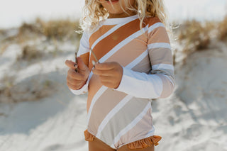 Lainey Beige Stripe Rainbow Zip Rash Guard Swimsuit