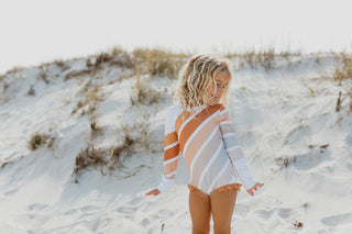 Lainey Beige Stripe Rainbow Zip Rash Guard Swimsuit