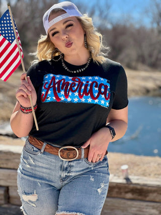 America on Stars in Red Metallic Puff Tee