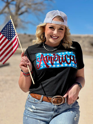America on Stars in Red Metallic Puff Tee
