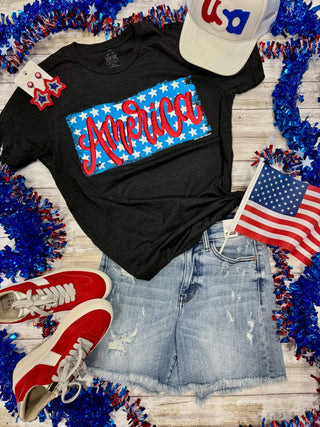 America on Stars in Red Metallic Puff Tee