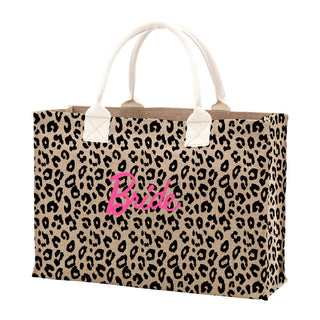 Hot Pink Bride Leopard Burlap Tote Bag