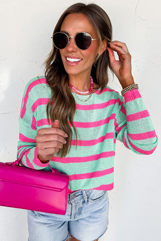 Green Stripe Round Neck Casual Sweater