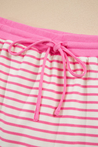 Pink Stripe Collared V Neck Drop Shoulder Pullover and Skort 2pcs Outfit