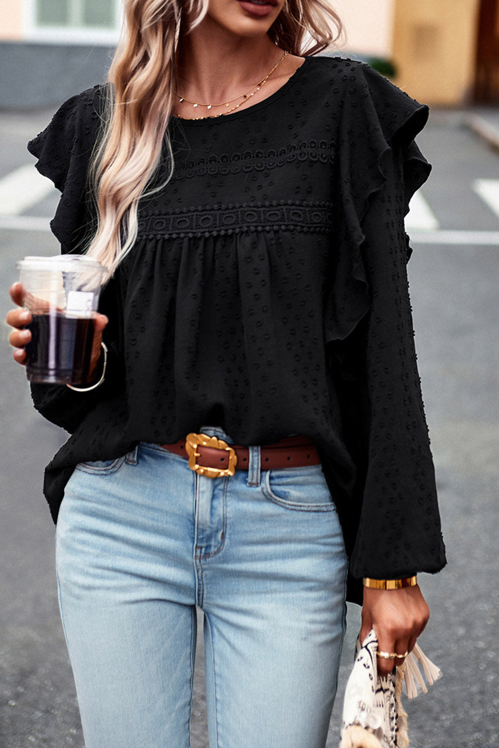 Black Lace Eyelet Ruffle Shoulder Long Sleeve Blouse – A