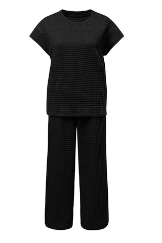 Black Solid Color Textured Short Sleeve Top and Casual Pants Set