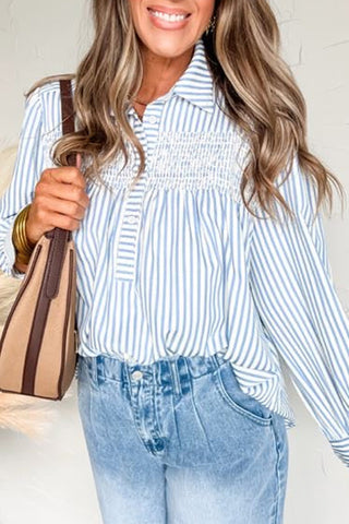 Sky Blue Stripe Shirred Detail Half Placket Collared Long Sleeve Fall Shirt