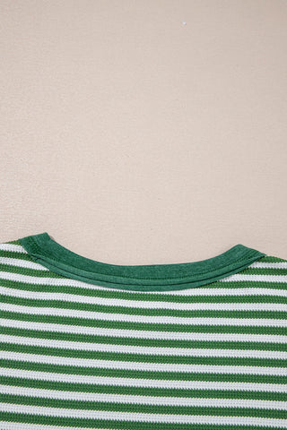 Green Stripe Thermal Knit Drop Shoulder Casual Top
