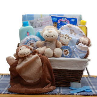A New Little Monkey New Baby Gift Basket - Blue, Gift Baskets Drop Shipping - A Blissfully Beautiful Boutique