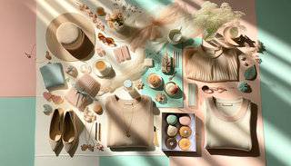 spring flatlay of stylish clothing, accessories, and treats on a bright pastel background