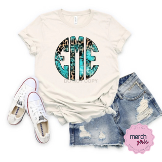 Turquoise Leopard Monogram Graphic Tee- Natural Shirt, Merch Girls - A Blissfully Beautiful Boutique