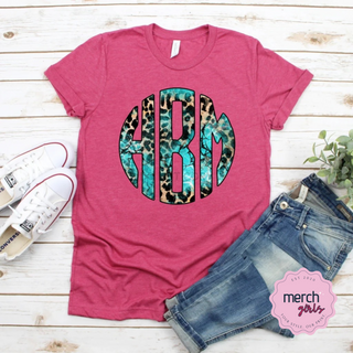 Turquoise Leopard Monogram Graphic Tee- Pink Shirt, Merch Girls - A Blissfully Beautiful Boutique