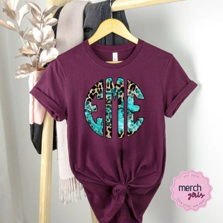 Turquoise Leopard Monogram Graphic Tee- Maroon Shirt, Merch Girls - A Blissfully Beautiful Boutique