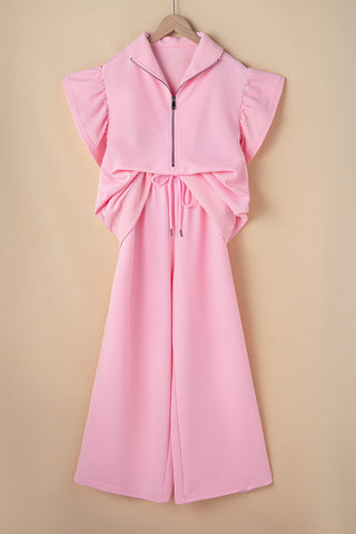 Pink Textured Ruffled Sleeve Zipped Top and Wide Leg Pants Set, A Blissfully Beautiful Boutique - A Blissfully Beautiful Boutique