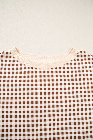 Red Gingham Oversized Ribbed Trim Crew Neck Long Sleeve Top and Skort Set