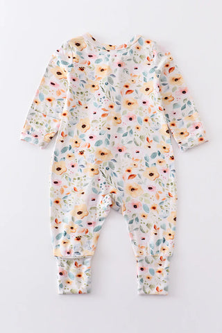 Nutral floral print bamboo zipper baby romper