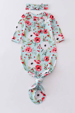 Red floral print bamboo baby gown - 0-3M
