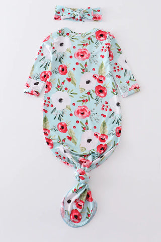 Red floral print bamboo baby gown - 0-3M