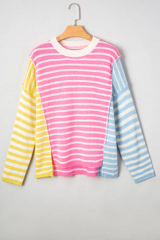 Multicolour Color Block Striped Patchwork Dolman Sleeve Slit Sweater, Dear-Lover Dropshipping - A Blissfully Beautiful Boutique
