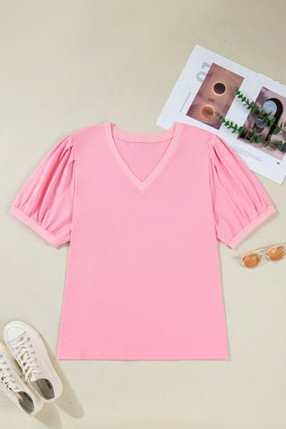 Bonbon V Neck Pleated Short Puff Sleeve Plus Size Blouse, Dear-Lover Dropshipping - A Blissfully Beautiful Boutique