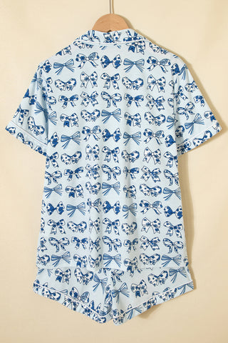 Sky Blue Bow Print Short Pajama Set, Dear-Lover Dropshipping - A Blissfully Beautiful Boutique