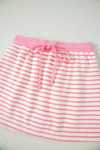 Pink Stripe Color Block Patchwork Polo Tee Drawstring Elastic Waist 2pcs Skort Set, Dear-Lover Dropshipping - A Blissfully Beautiful Boutique