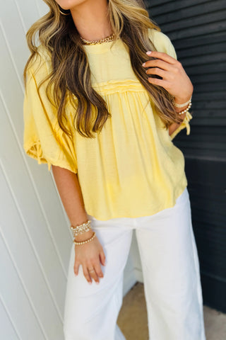 Yellow Cream Tie Half Sleeve Pleated Detail Babydoll Blouse, Dear-Lover Dropshipping - A Blissfully Beautiful Boutique