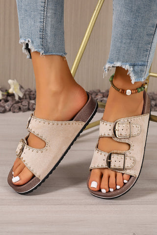 Beige Embroidered Trim Retro Buckle Faux Suede Slippers, Dear-Lover Dropshipping - A Blissfully Beautiful Boutique