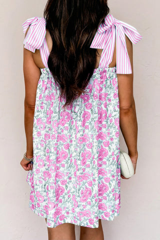 Pink Floral Print Striped Patchwork Bow Knot Straps Mini Dress, Dear-Lover Dropshipping - A Blissfully Beautiful Boutique