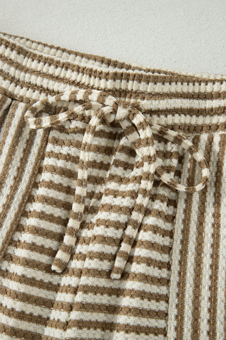 Brown Stripe Breathable Textured Knit Short 2pcs Set, Dear-Lover Dropshipping - A Blissfully Beautiful Boutique