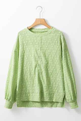 Light Green Solid Color Textured Side Split Crew Neck Blouse